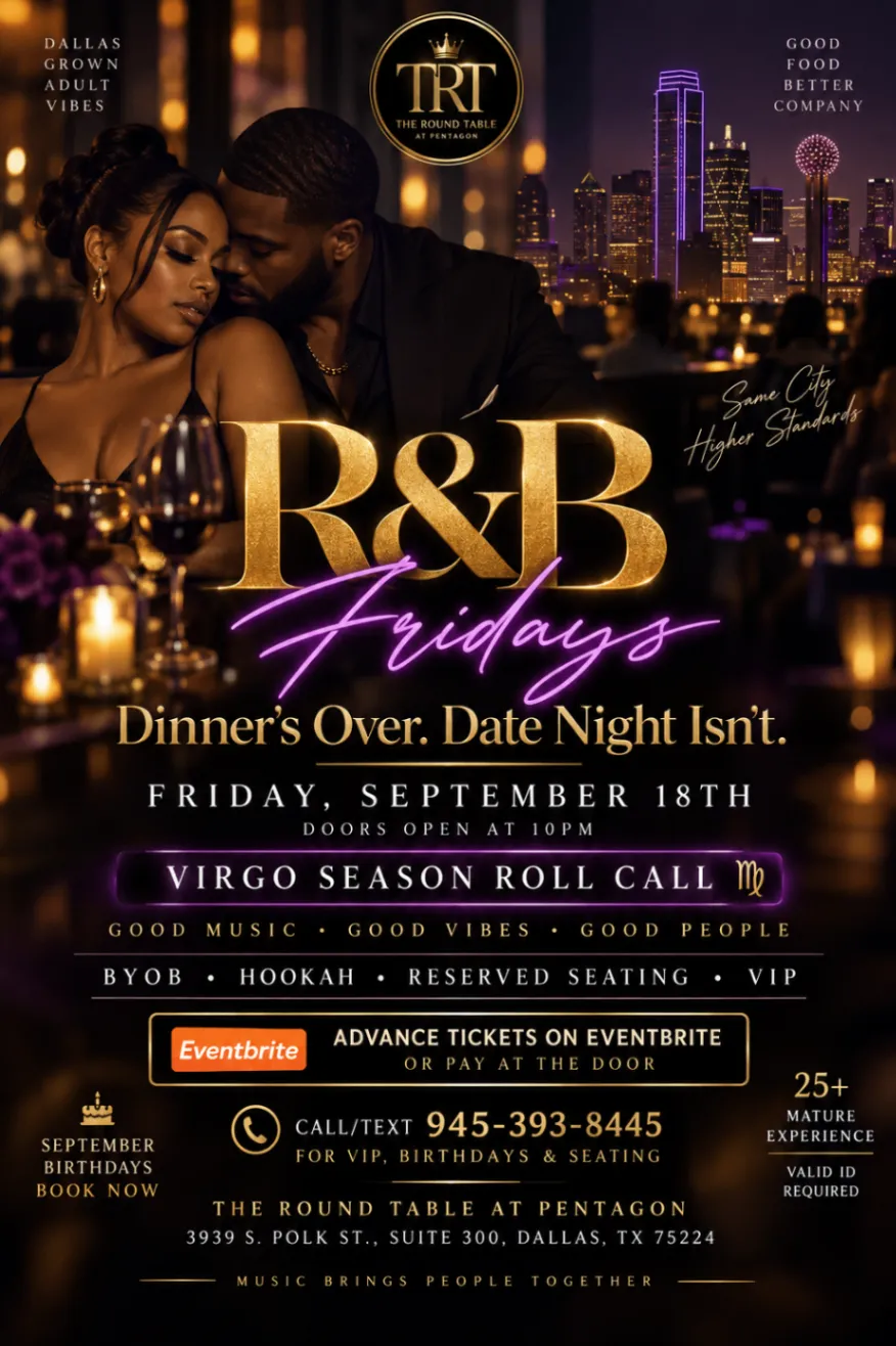 R&B Fridays Virgo Season Roll Call event flyer for Friday, September 18, 2026, at The Round Table at Pentagon in Dallas