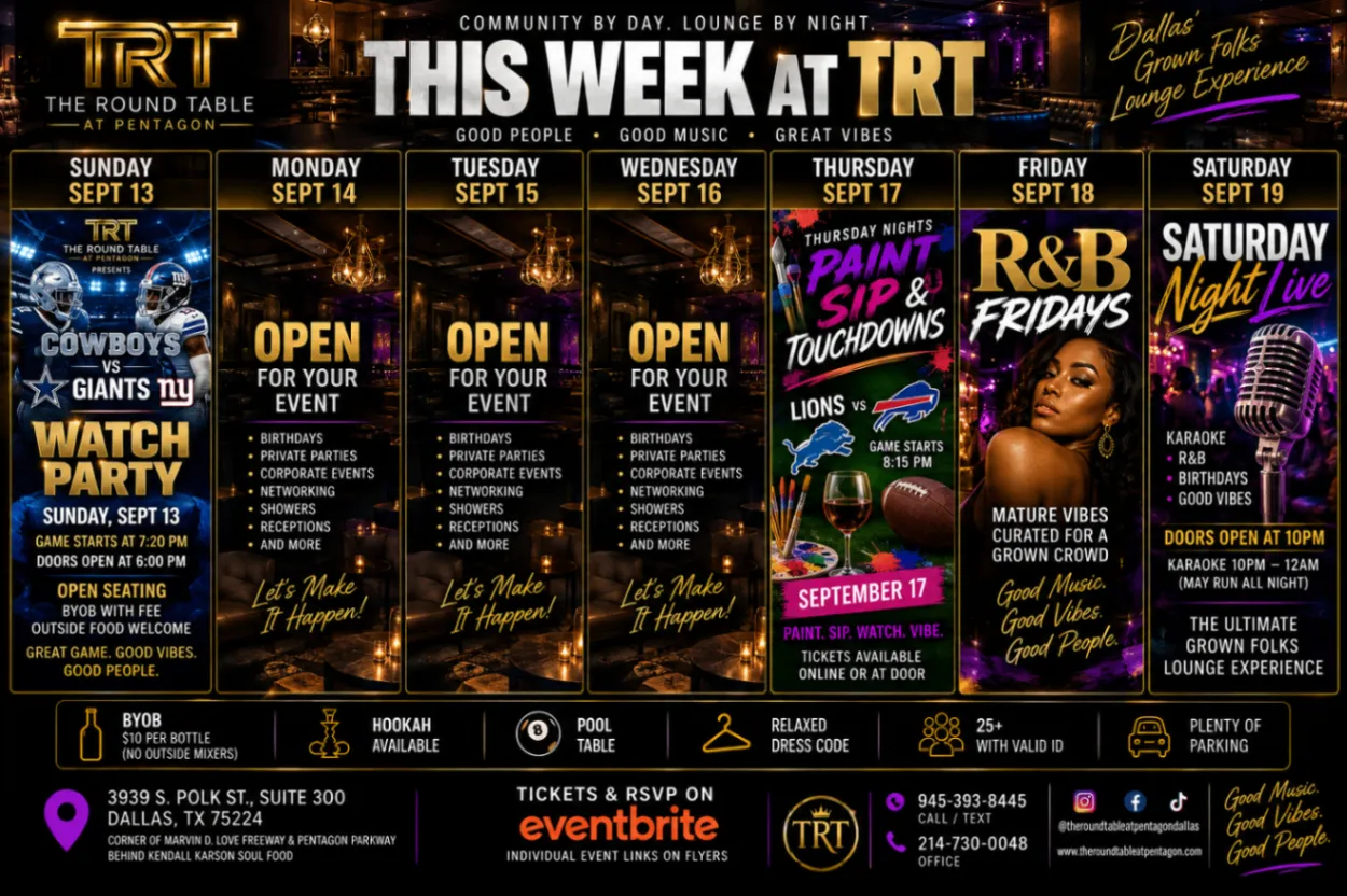 This Week at The Round Table weekly lineup flyer for September 13–19, 2026, featuring a Sunday watch party, private events, Paint, Sip & Touchdowns, R&B Fridays, and Saturday Night Live